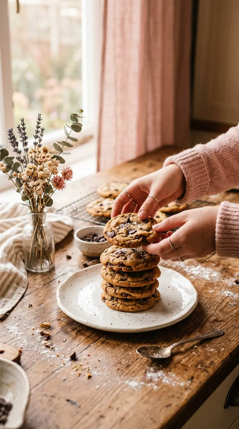 Manos colocando galletas recién horneadas